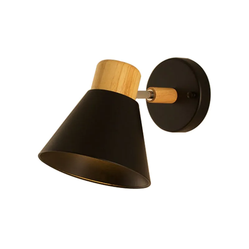 Nordic Stylish Cone Shade Wall Mount Light with Rotatable Bedside Sconce - Metal and Wood, 1 Bulb, Black/White