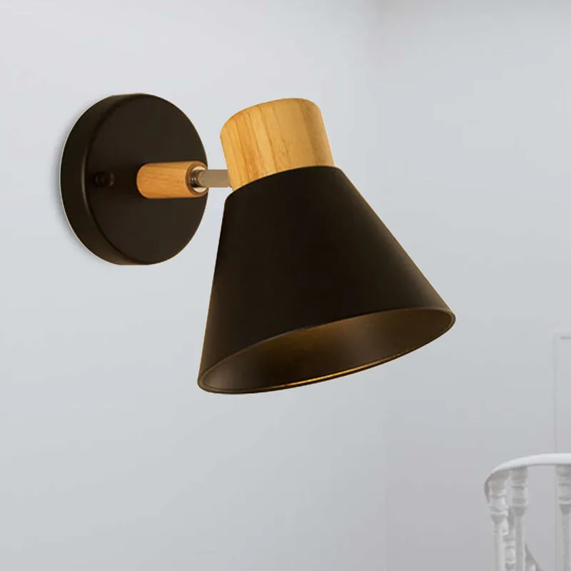 Nordic Stylish Cone Shade Wall Mount Light with Rotatable Bedside Sconce - Metal and Wood, 1 Bulb, Black/White