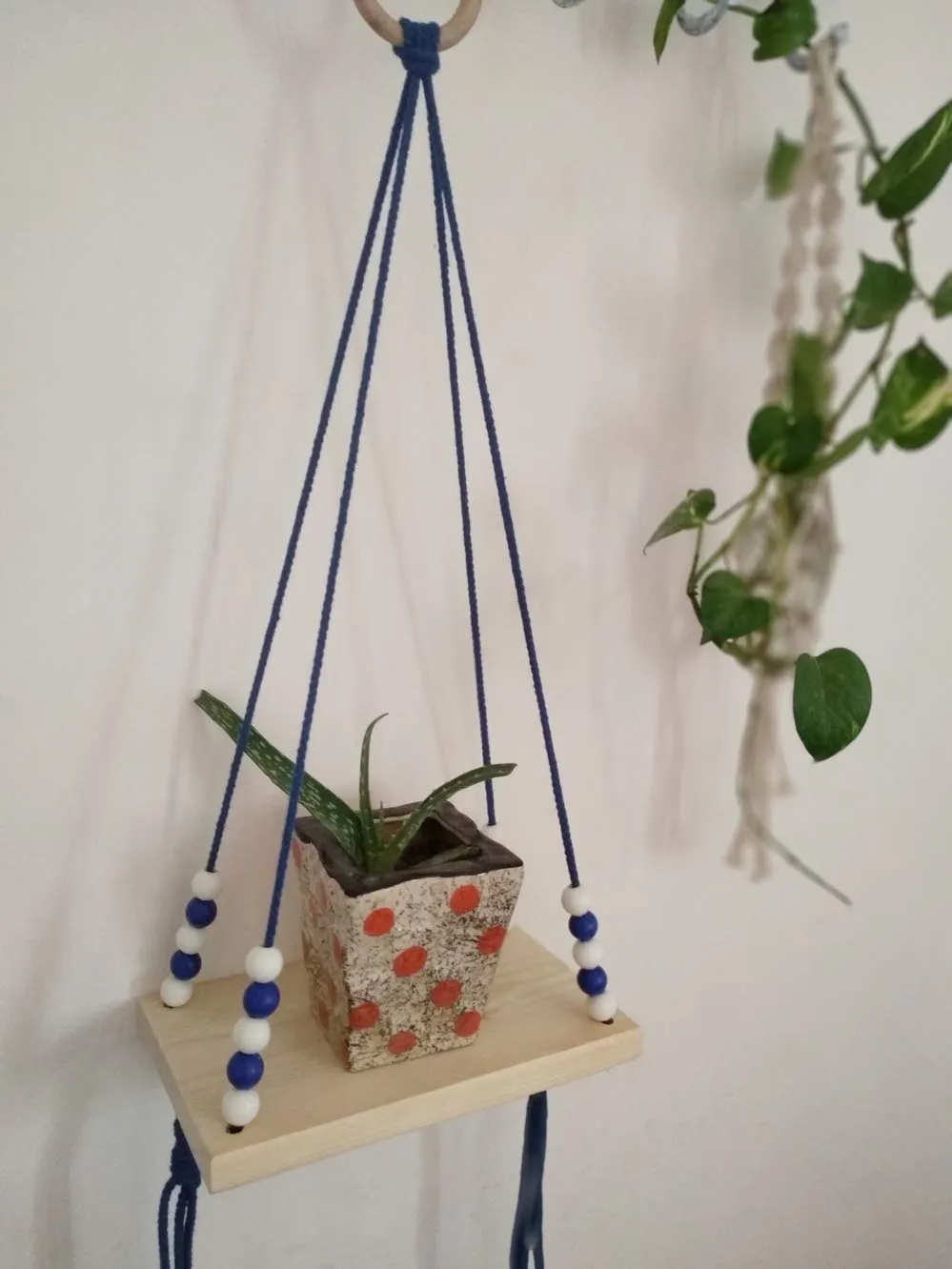Pooja ki Potli® - Saral Macrame Shelf Floating Shelf End Table Hanging Table Bohemian décor (Royal Blue)