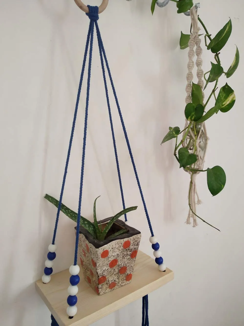 Pooja ki Potli® - Saral Macrame Shelf Floating Shelf End Table Hanging Table Bohemian décor (Royal Blue)