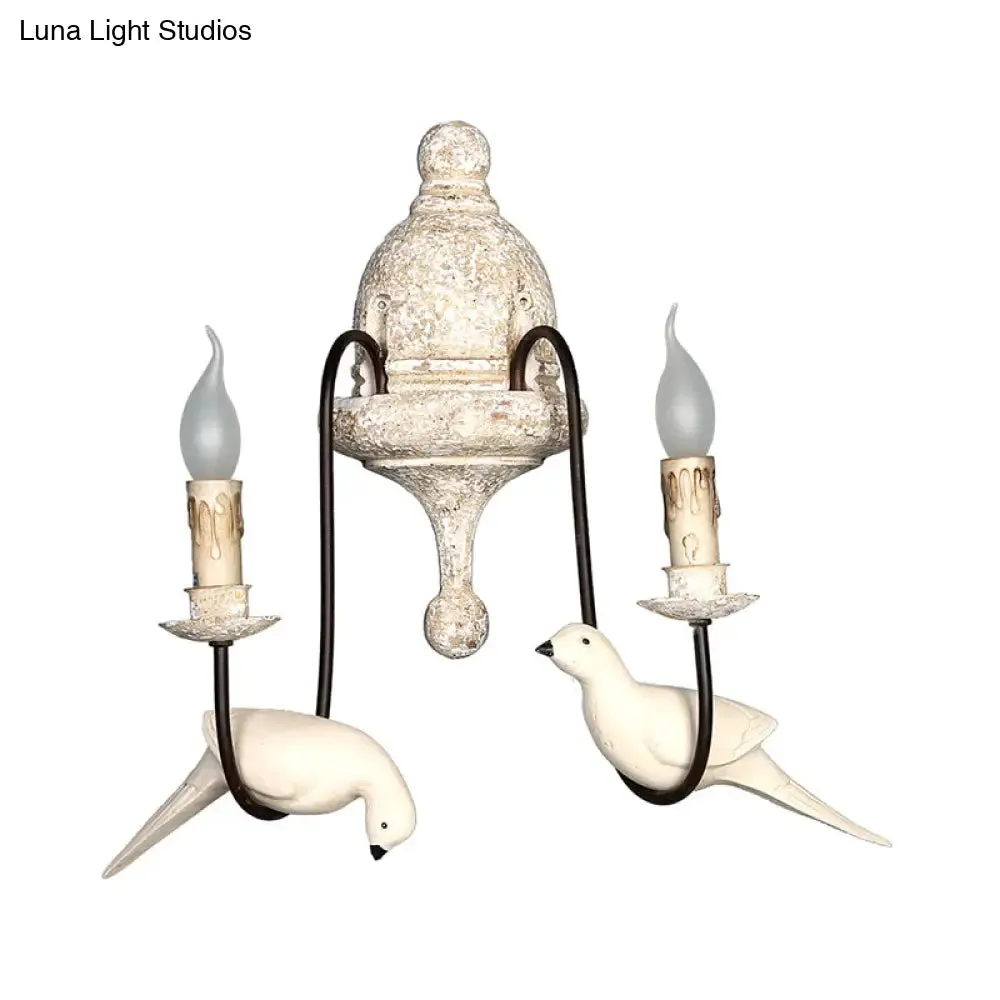 Rustic Wood Swooping Arm Wall Lamp with Distressed White Sconce - Decorative Candle and Bird Accents for Living Room