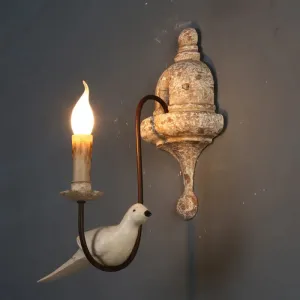 Rustic Wood Swooping Arm Wall Lamp with Distressed White Sconce - Decorative Candle and Bird Accents for Living Room