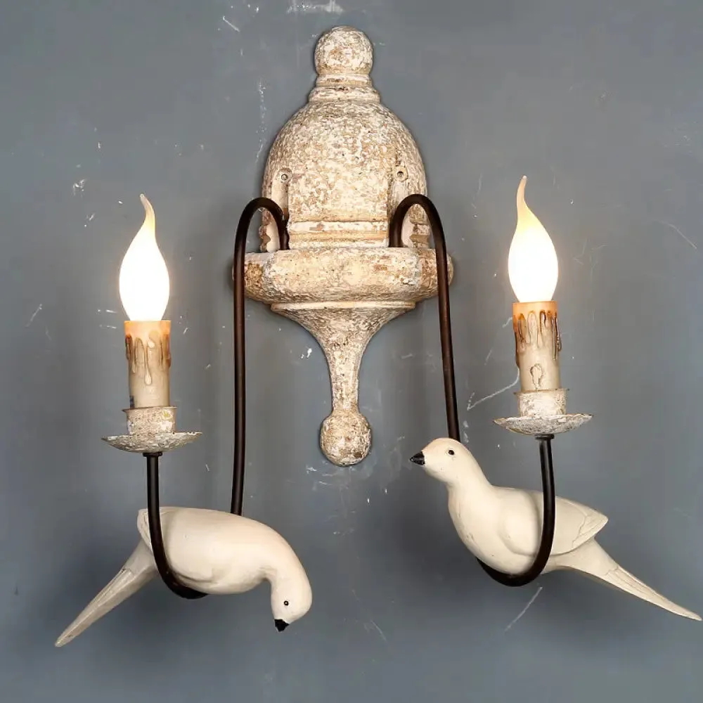 Rustic Wood Swooping Arm Wall Lamp with Distressed White Sconce - Decorative Candle and Bird Accents for Living Room