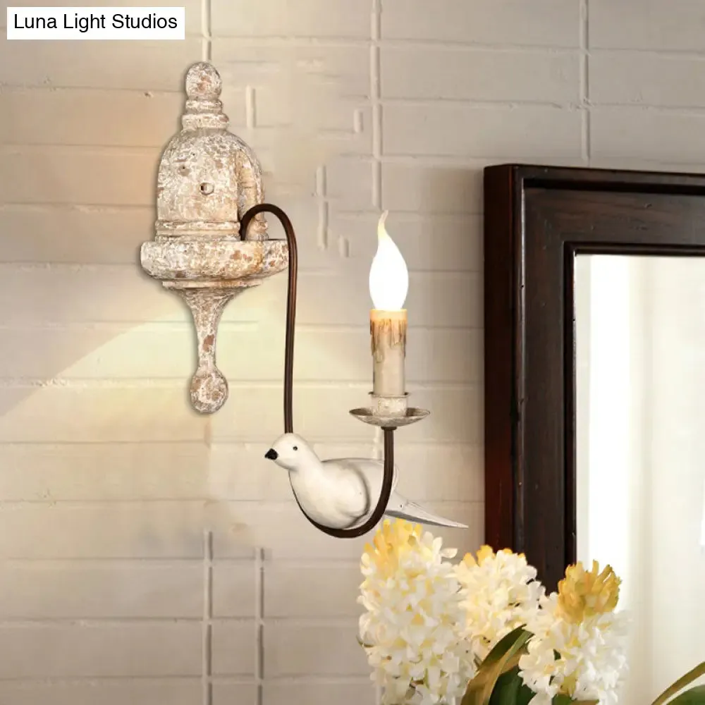 Rustic Wood Swooping Arm Wall Lamp with Distressed White Sconce - Decorative Candle and Bird Accents for Living Room