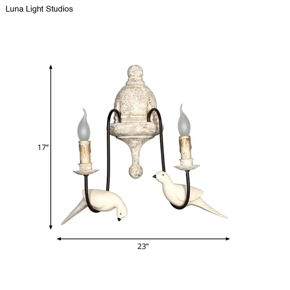 Rustic Wood Swooping Arm Wall Lamp with Distressed White Sconce - Decorative Candle and Bird Accents for Living Room