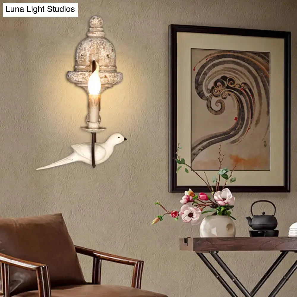 Rustic Wood Swooping Arm Wall Lamp with Distressed White Sconce - Decorative Candle and Bird Accents for Living Room