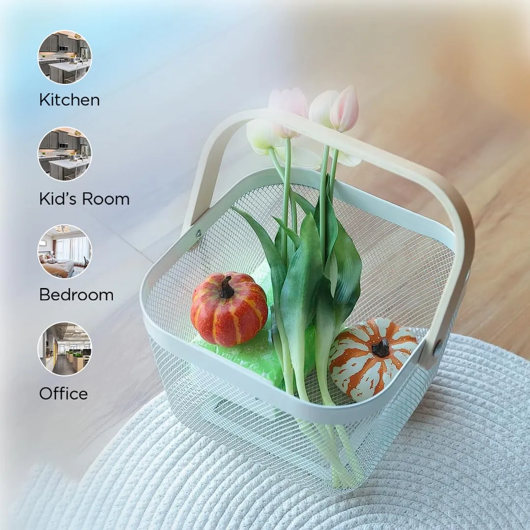 The Better Home Metal Mesh Fruit Basket With Wooden Handle | Kitchen Basket For Storage | Vegetable Basket For Kitchen | Multi-Purpose Basket- White - Rectangular