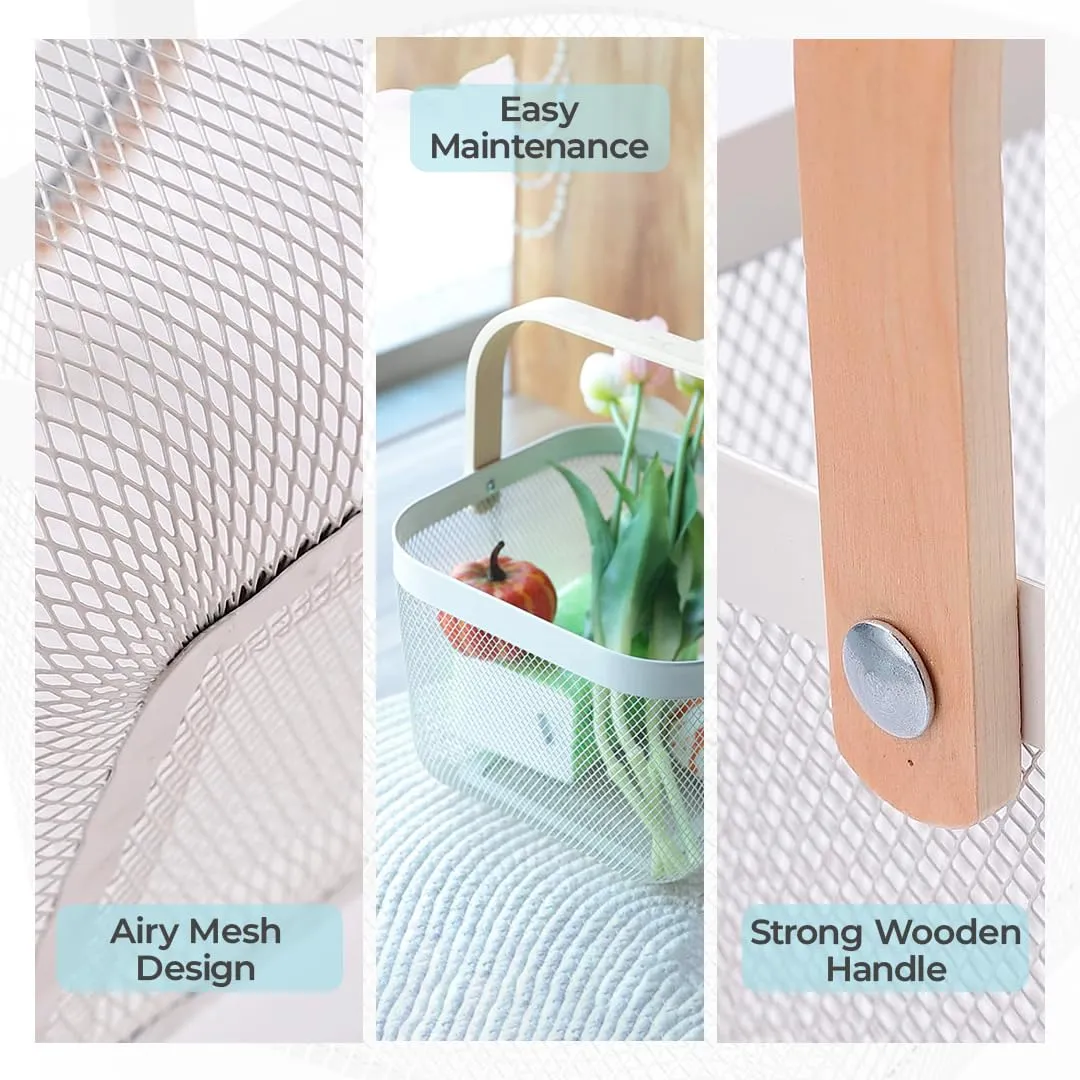 The Better Home Metal Mesh Fruit Basket With Wooden Handle | Kitchen Basket For Storage | Vegetable Basket For Kitchen | Multi-Purpose Basket- White - Rectangular