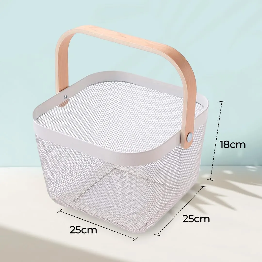 The Better Home Metal Mesh Fruit Basket With Wooden Handle | Kitchen Basket For Storage | Vegetable Basket For Kitchen | Multi-Purpose Basket- White - Rectangular