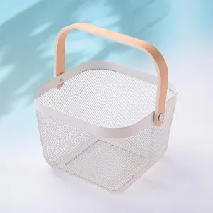 The Better Home Metal Mesh Fruit Basket With Wooden Handle | Kitchen Basket For Storage | Vegetable Basket For Kitchen | Multi-Purpose Basket- White - Rectangular