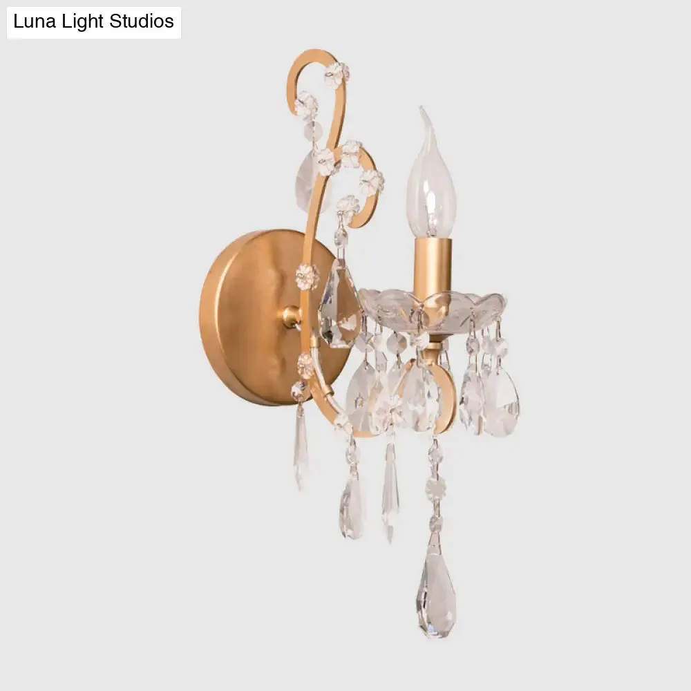 Traditional 1-Bulb Metallic Wall Light with Crystal Droplet in Gold - Perfect for Hallways - Candelabra Wall Lamp