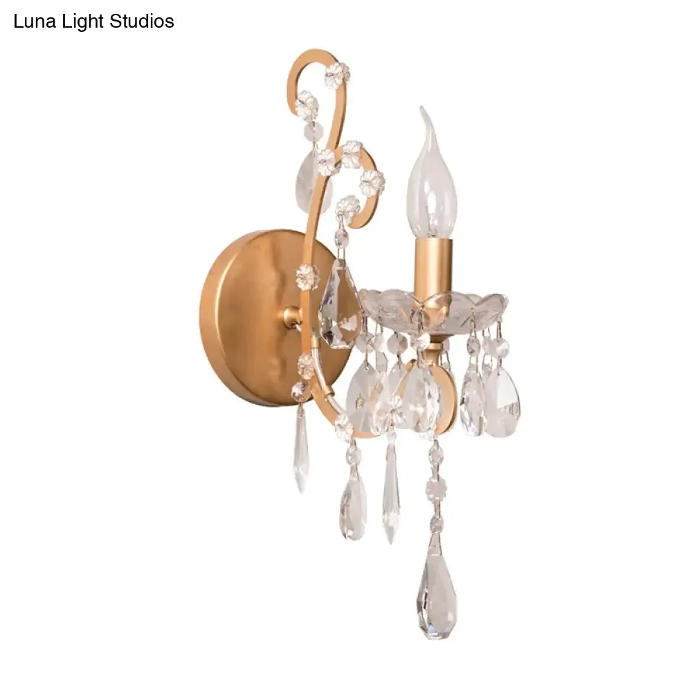 Traditional 1-Bulb Metallic Wall Light with Crystal Droplet in Gold - Perfect for Hallways - Candelabra Wall Lamp