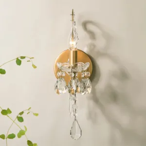 Traditional 1-Bulb Metallic Wall Light with Crystal Droplet in Gold - Perfect for Hallways - Candelabra Wall Lamp