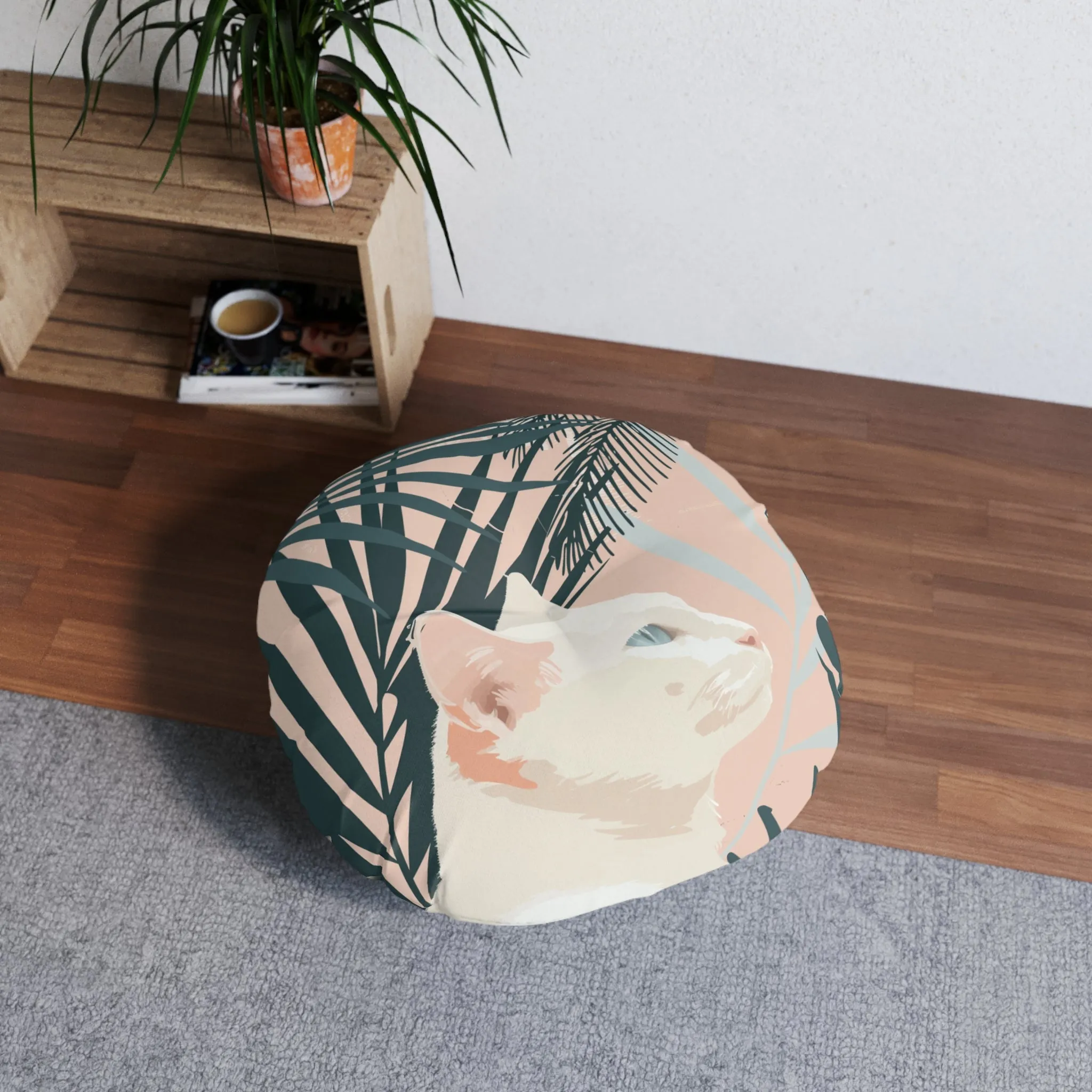White Cat Mandala Art Tufted Floor Cushion - Round