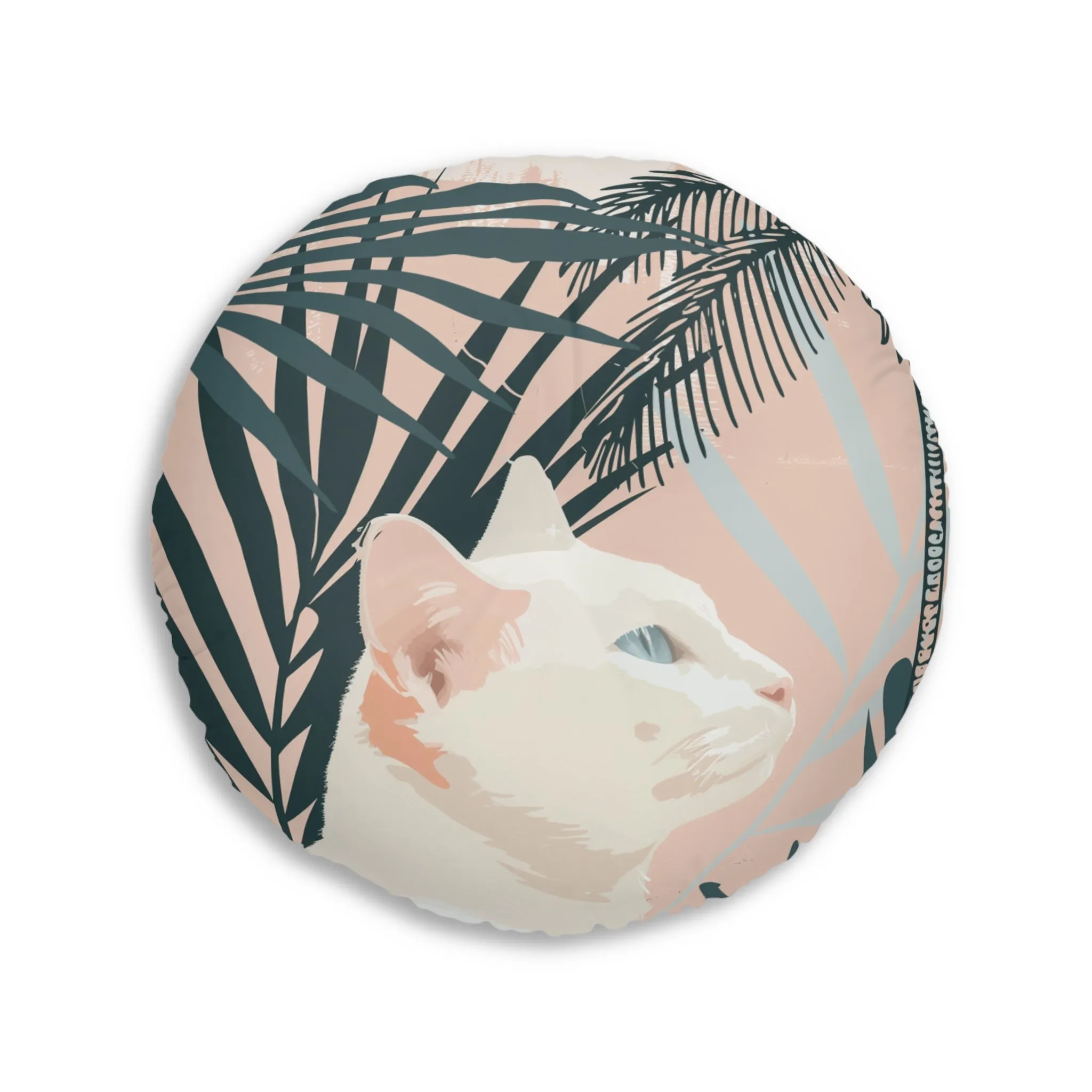 White Cat Mandala Art Tufted Floor Cushion - Round