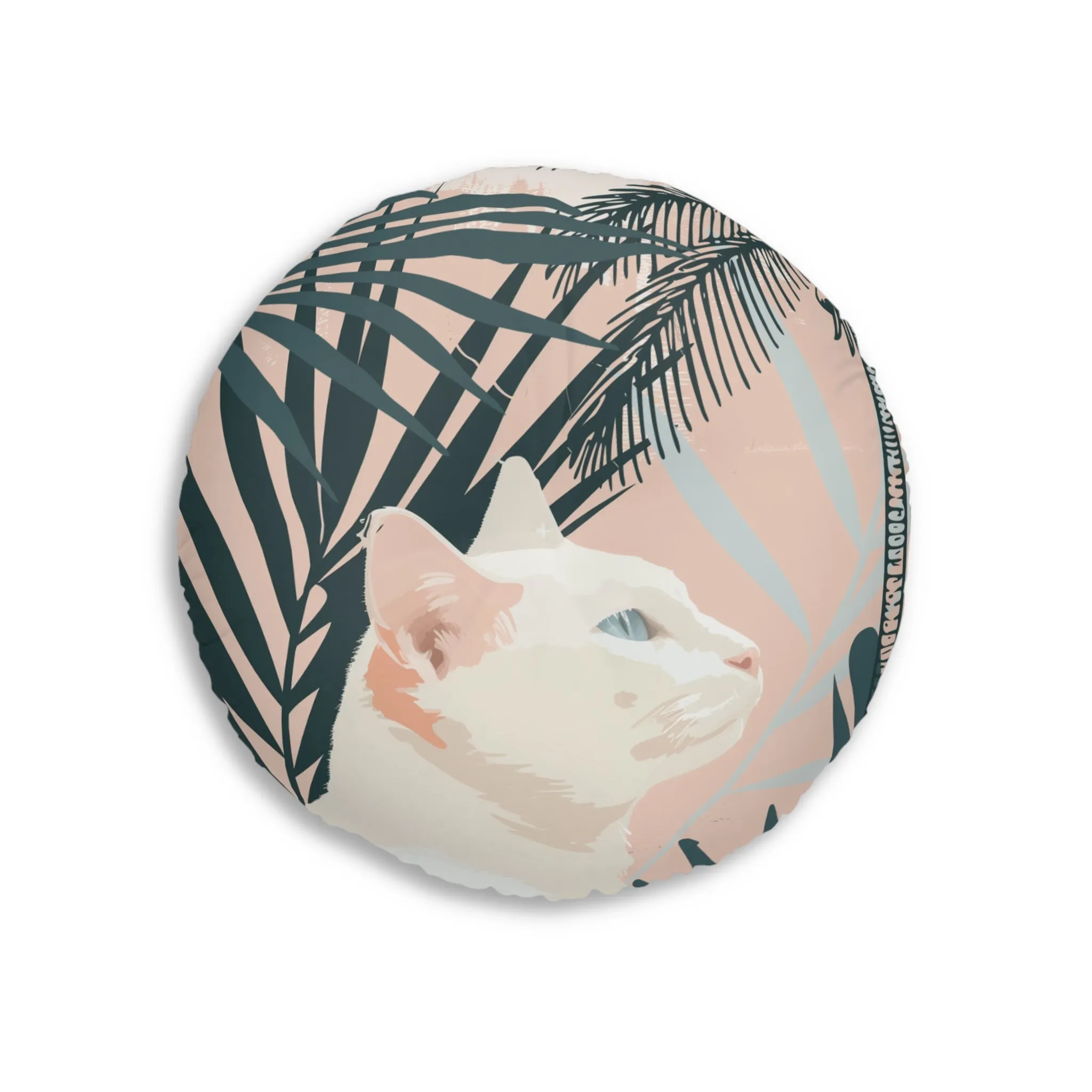 White Cat Mandala Art Tufted Floor Cushion - Round