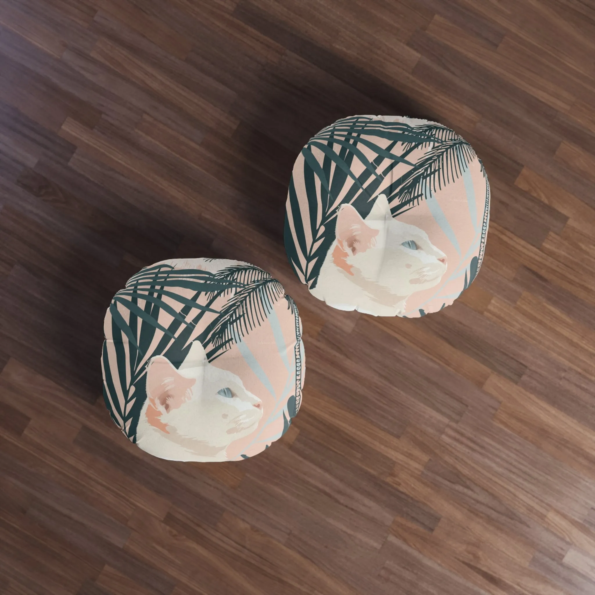 White Cat Mandala Art Tufted Floor Cushion - Round