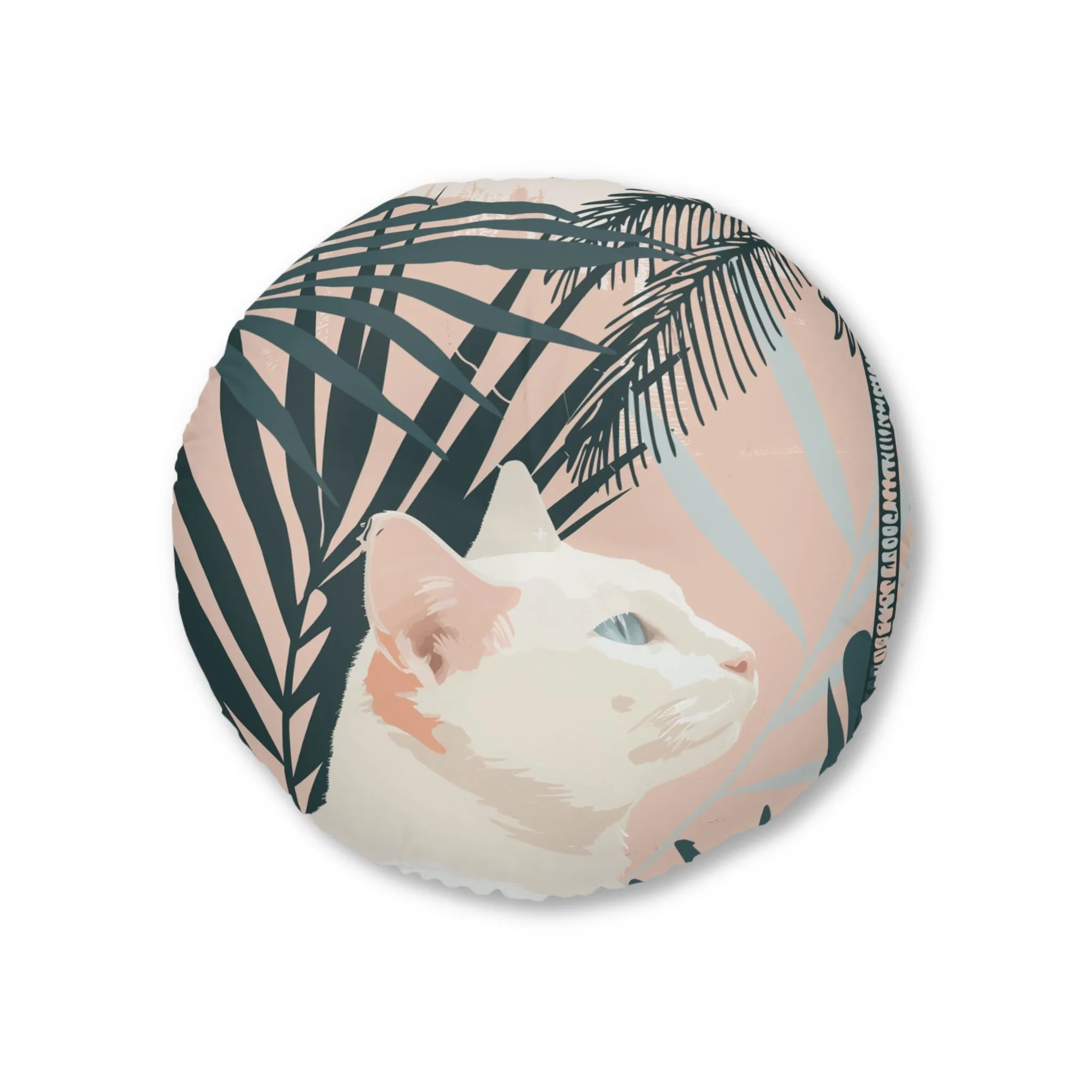 White Cat Mandala Art Tufted Floor Cushion - Round
