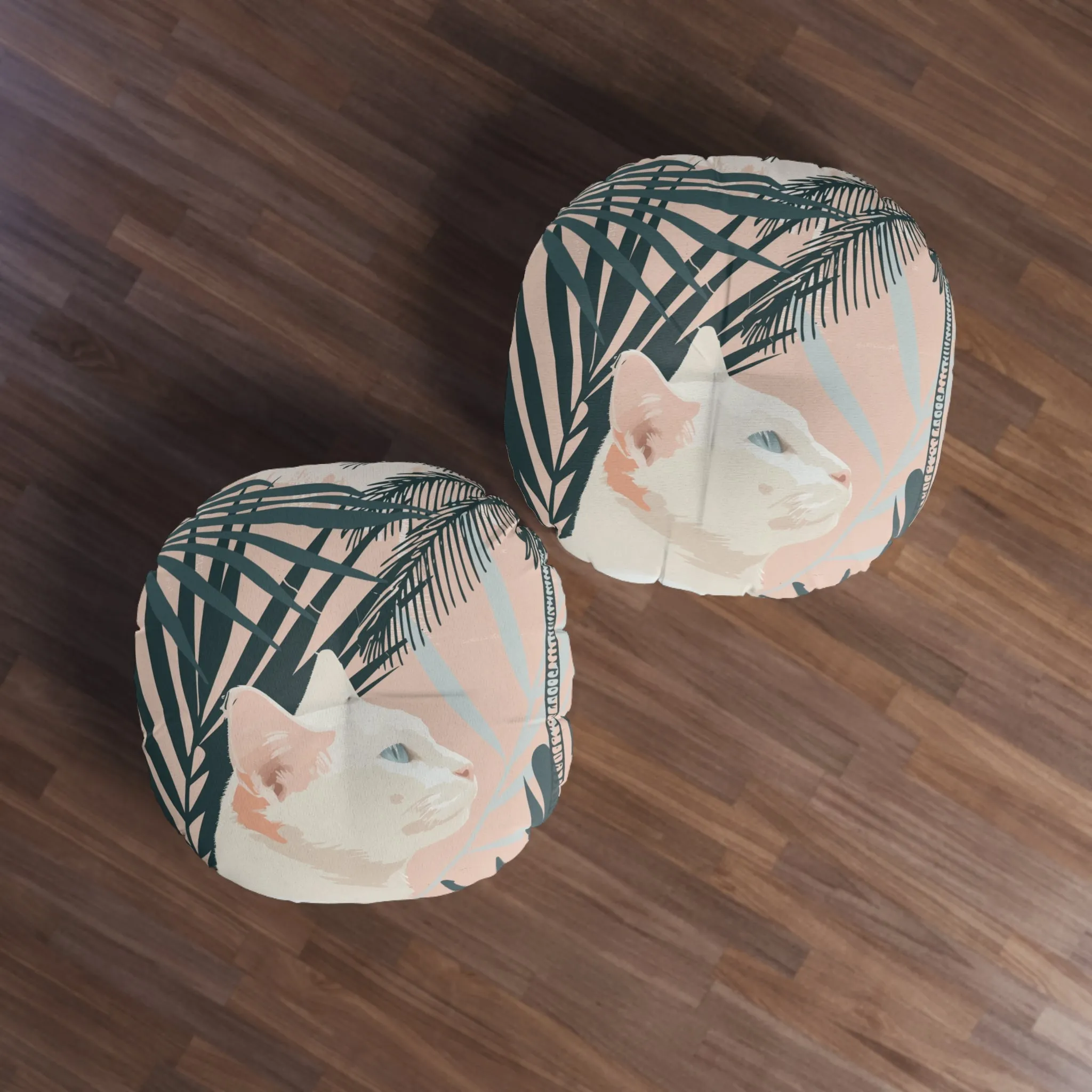 White Cat Mandala Art Tufted Floor Cushion - Round