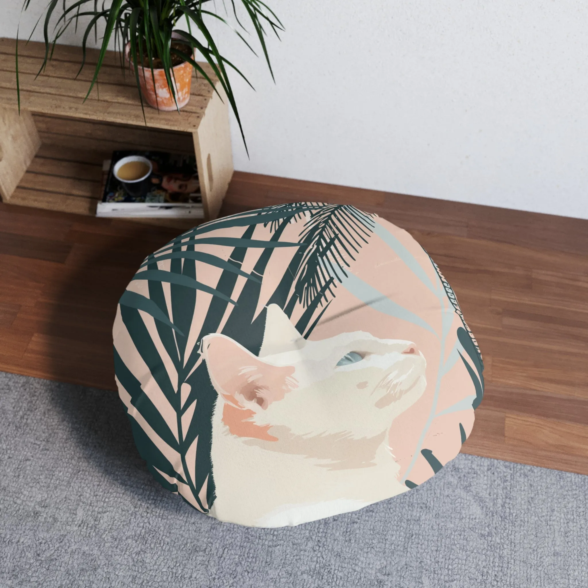 White Cat Mandala Art Tufted Floor Cushion - Round